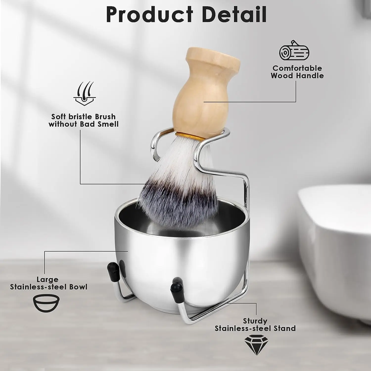 Juego de brocha y tazón de afeitar para hombre, kit de brocha de afeitar 3 en 1, mango de madera con tazón de afeitar de acero inoxidable y soporte para brochas