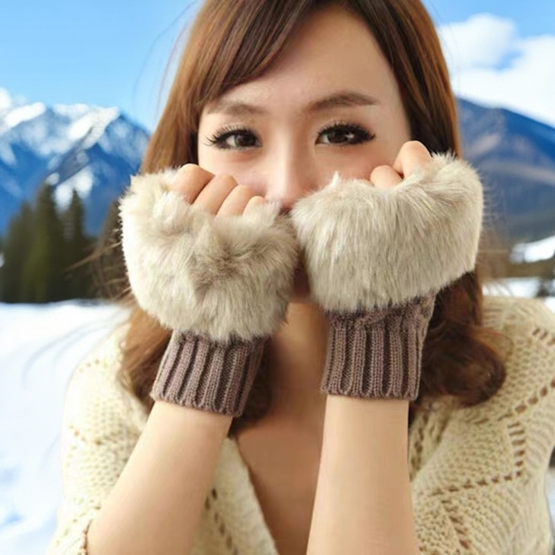 Модные вязаные перчатки из искусственного кроличьего меха, мягкие теплые митенки без пальцев, зимние перчатки на половину пальца для наружного применения