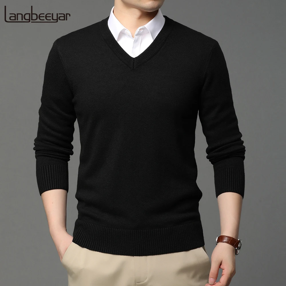 2025 hohe Qualität Neue Mode Marke Woolen Stricken Pullover V-ausschnitt Pullover Schwarz Für Männer Herbst Winter Casual Jumper Männer Kleidung