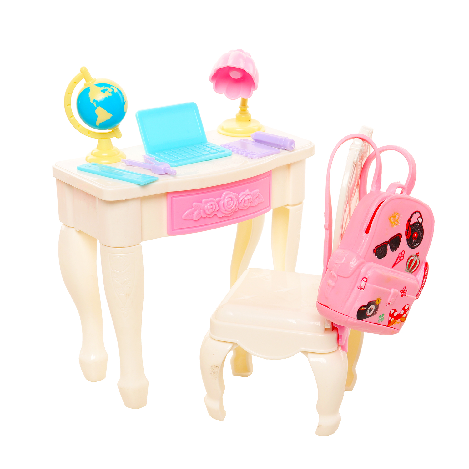 Mignon Miniature maison de poupée accessoires d'étude pour poupée 18 articles Mini ordinateur portable règle Globe crayon lampe de Table pour Barbie enfants jouets