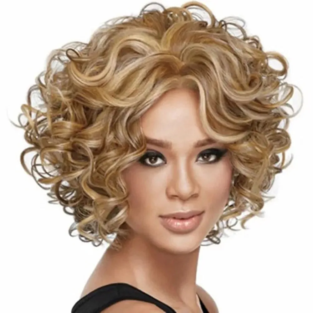 Pelucas sintéticas Estilo de diadema explosiva Pelo simulado Pelo corto y rizado dorado esponjoso de moda