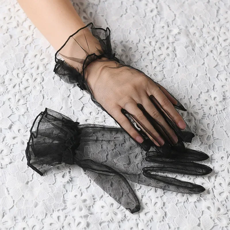 Gants courts en Tulle pour femmes, pour mariage d'été, blanc, noir, élégants, en dentelle extensible, mitaines à doigts complets, gants transparents en maille