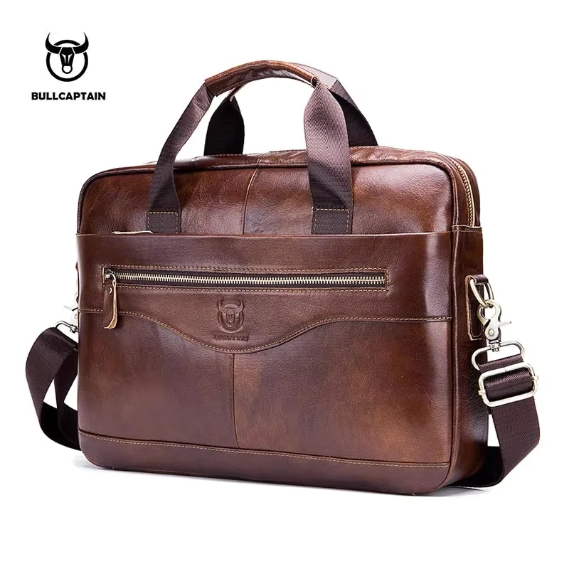 Maletín BULLCAPTAIN, bolsas de mensajero de hombro, bolso para ordenador portátil de 14 pulgadas de cuero genuino para hombre, maletín para hombre, bolso de negocios para oficina