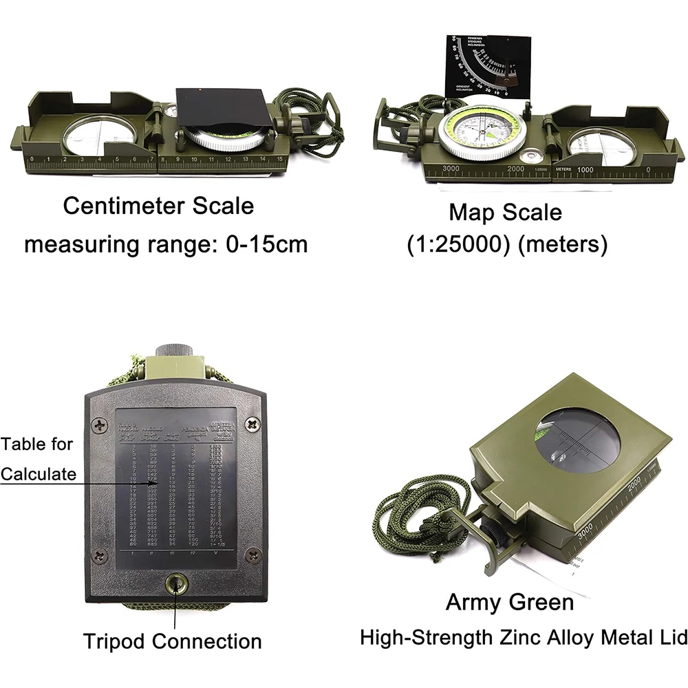 Brújula militar multifuncional de supervivencia al aire libre de alta precisión para acampar, Metal resistente al agua con brújula geológica fluorescente