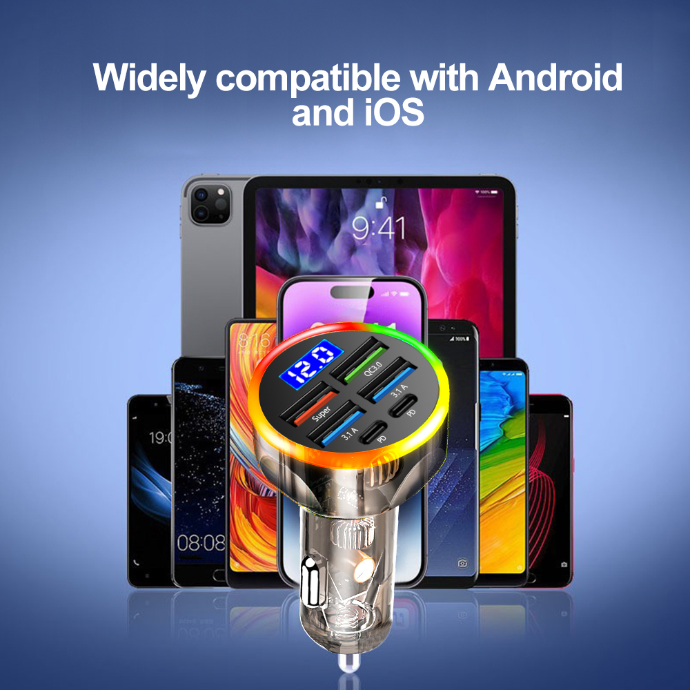 Szybka ładowarka samochodowa 250W 6 portów Quick Charge PD Type C USB A Adapter Transparent Case dla iPhone 15 16 Pro Samsung S24 Xiaomi Poco