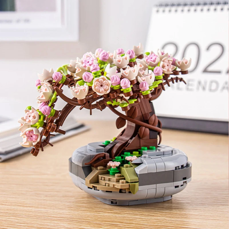 Mini planta bonsai bloco de construção flor planta flor cerejeira árvore vaso buquê modelo tijolos decoração para casa brinquedo para crianças presentes