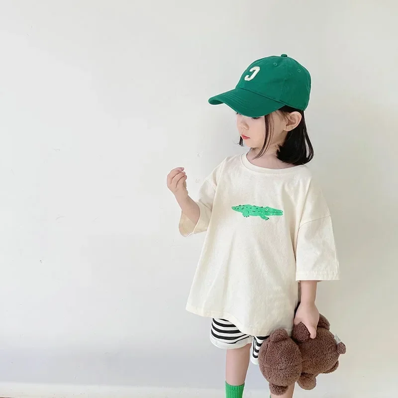 ‌ สไตล์เกาหลีฤดูร้อนเด็กเสื้อยืดน่ารักการ์ตูนพิมพ์หลวม Fit ไหล่กลางแขนเสื้อสําหรับเด็กทารกเด็กหญิงเสื้อผ้าเด็กวัยหัดเดิน