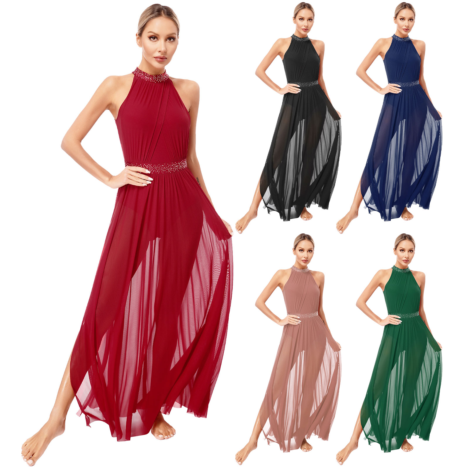 Traje feminino moderno para performance de dança lírica, sem mangas, strass, malha dividida, vestido collant para balé, ginástica, patinação
