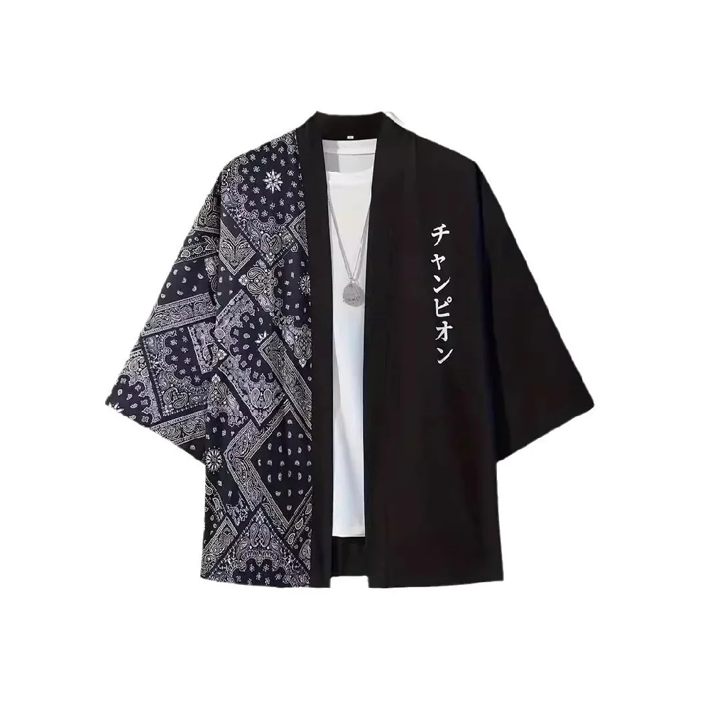 Męski Harajuku japoński patchworkowy nadruk Paisley kardigan kimono tradycyjne rękawy 3/4 Haori Yukata odzież typu Cosplay na lato