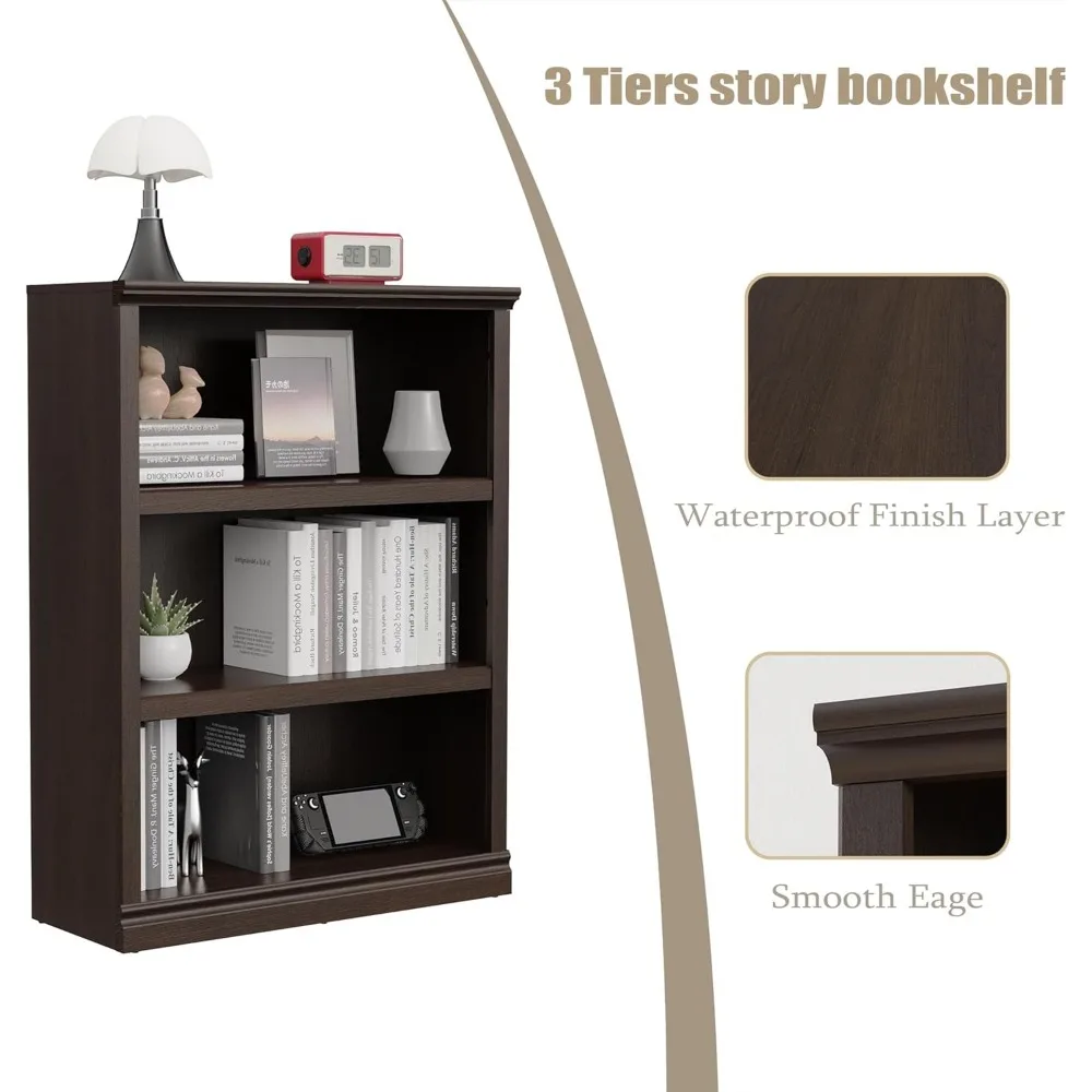 43 in Tall Bookcase, 3-Tier Bookshelf Open Storage, 33 inch Wide Floor Standing Indoor Furniture, Book Cases for Home School