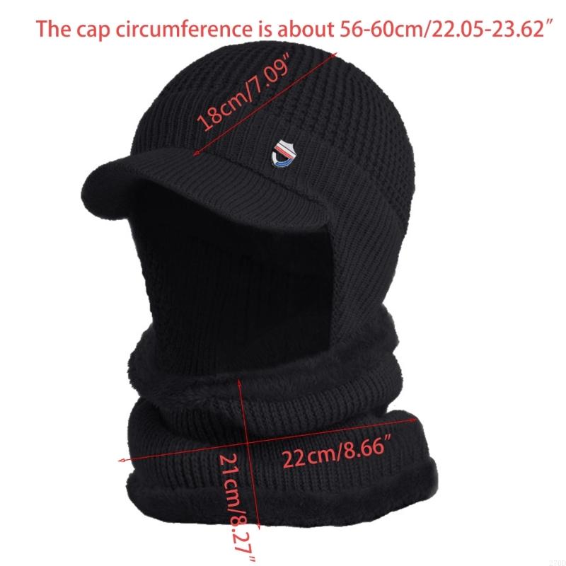 270D 2Pcs Winter Hat Scarf Set for Men Warm Neck Gaiter Balaclava Knit Beanie Visor Earflap Skull Thermal Fleece Mask