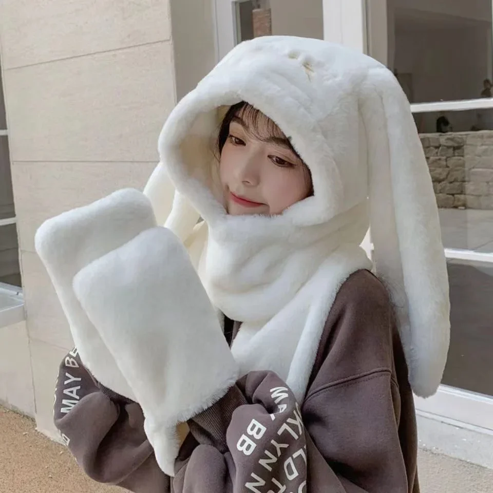 ใหม่แฟชั่นผ้าพันคอหมวกถุงมือผู้หญิงน่ารักหูใหญ่กระต่ายหมวกฤดูหนาว WARM Soft หนากระเป๋าอุ่นหูหมวก Hooded Skullie หมวก