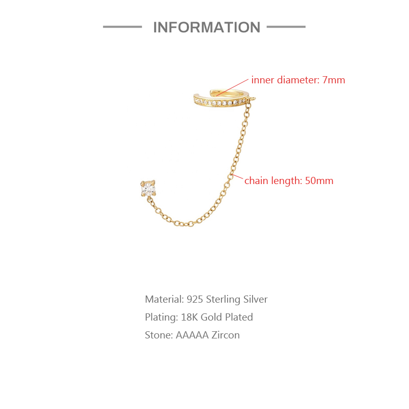 Aide 1pc Tassel Chain 925 Sterling Silver Shimmering Clear CZ Zircon Ear Cuff Stud For Women Gift Cartilage Clip Earrings