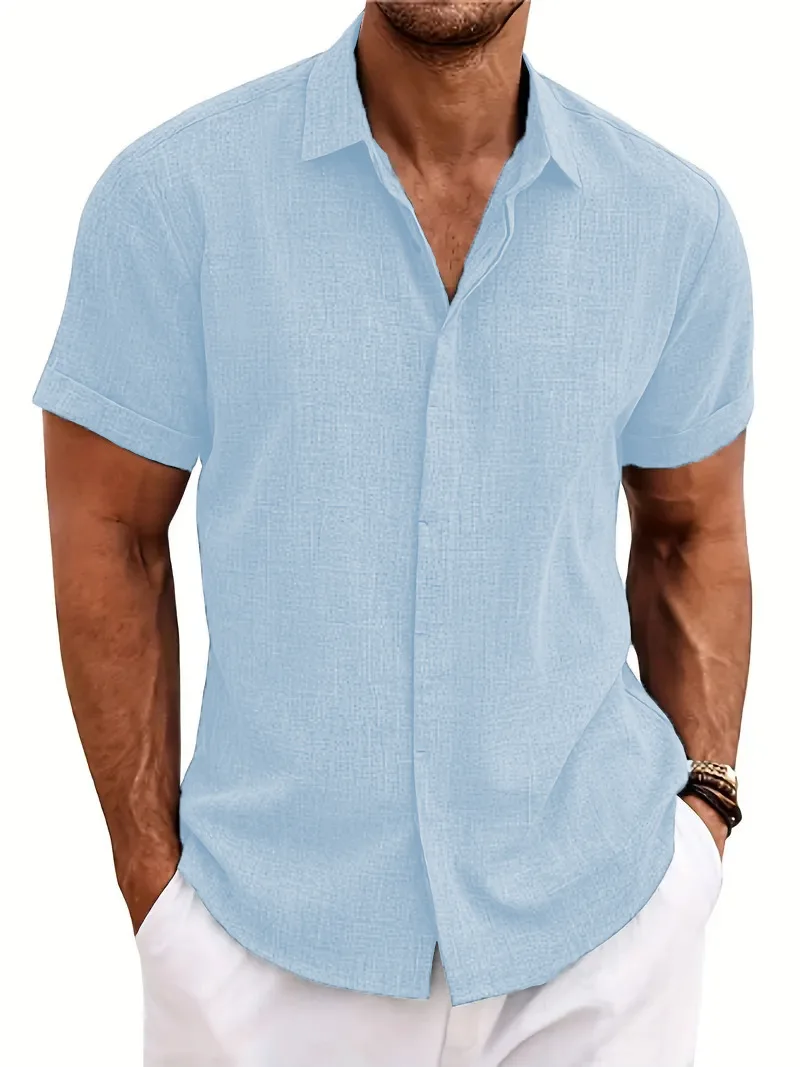 Nueva camisa de manga corta de color sólido para hombre, cárdigan informal de verano con solapa de color sólido, estilo playero, camisa de poliéster