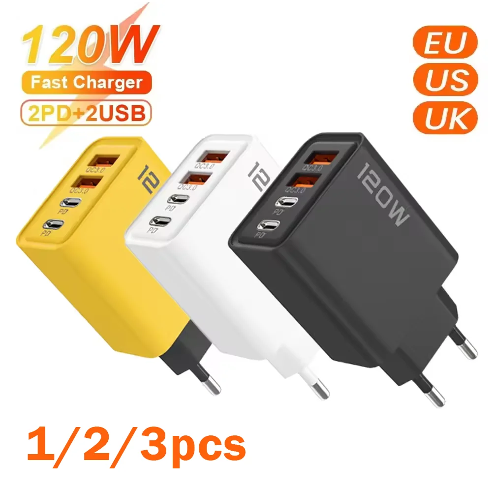 Total 120W 1/2/3 Uds cargador rápido tipo C carga rápida 3,0 adaptador de cargador USB para iPhone Samsung Xiaomi PD enchufe de carga rápida