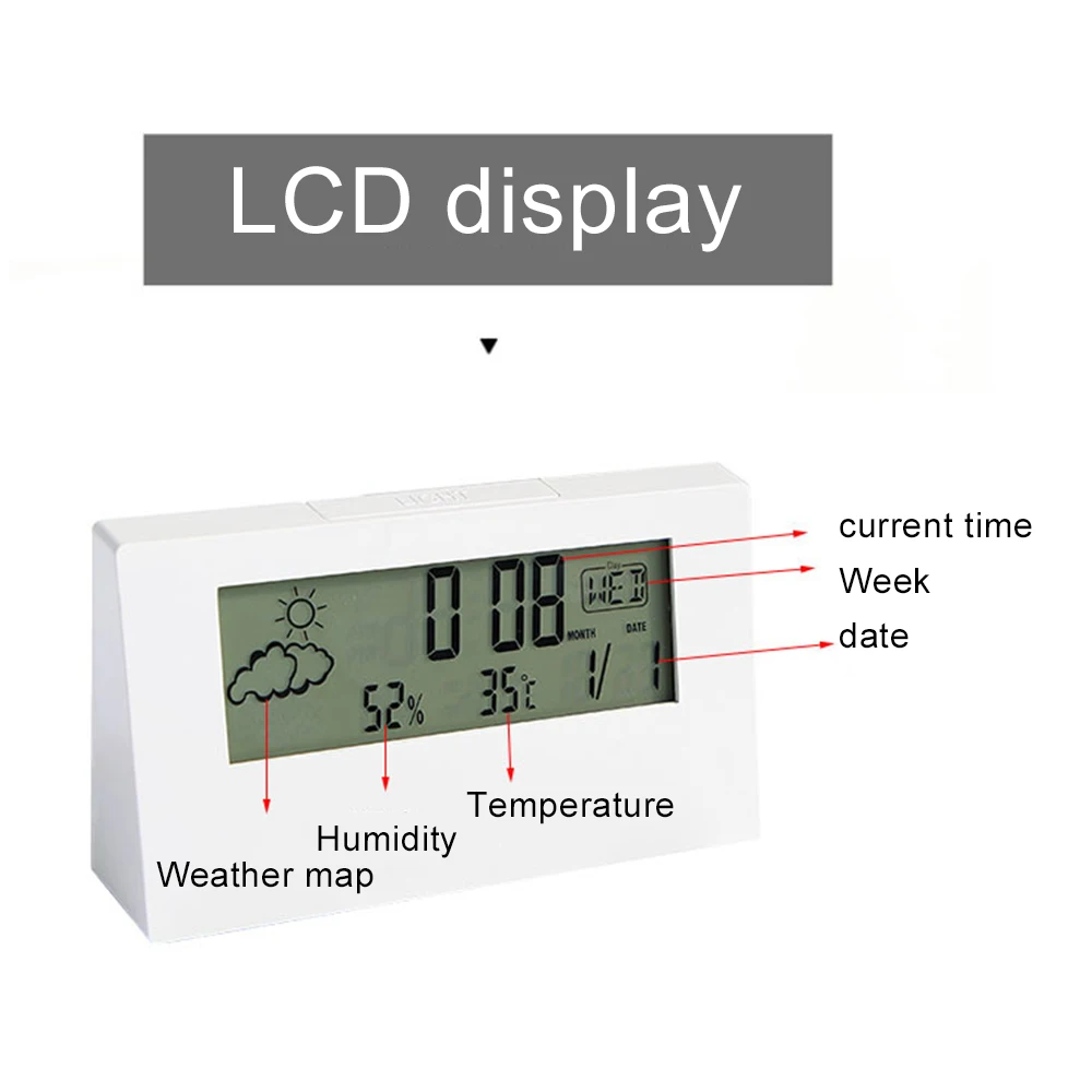 หน้าจอ LCD เครื่องวัดอุณหภูมิดิจิตอลมัลติฟังก์ชั่นอิเล็กทรอนิกส์อุณหภูมิความชื้นบ้านพร้อมนาฬิกาปลุกสําหรับเด็กนักเรียน
