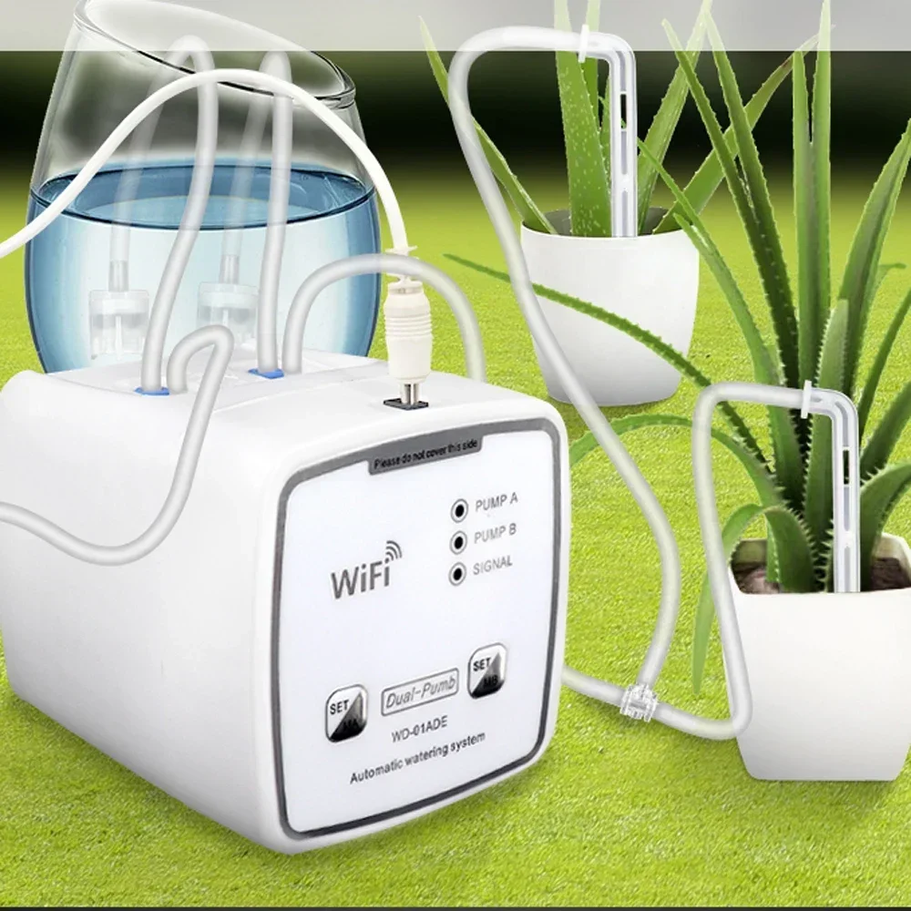 Inteligentne urządzenie do podlewania WIFI z podwójną pompą, automatyczny system nawadniania kropelkowego z timerem, zdalne sterowanie przez aplikację do roślin ogrodowych i kwiatów.