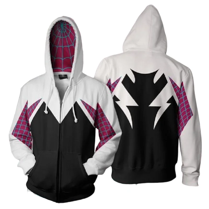 Fantasia de aranha gwen stacy para mulheres e homens, estilo de impressão 3d, jaqueta com zíper, adulto, halloween, cosplay, pulôver, moletom com capuz