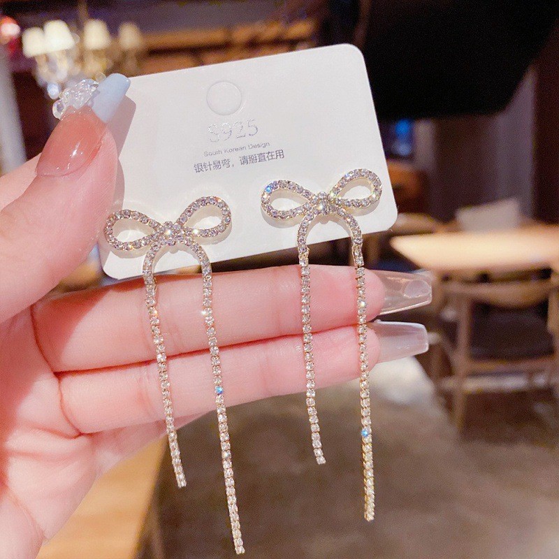 925 Silver Needle Korean Fashion Long Crystal Bow Tassel Earrings For Women Jewelry 2024 Trending Luxury Pearl Bowknot Earrings