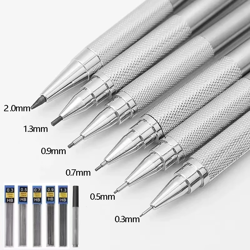Matita meccanica in metallo 0,3/0,5/0,7/0,9/1,3/2,0 mm Set di matite HB automatiche per disegno con mine per ufficio, scuola, scrittura, materiale artistico