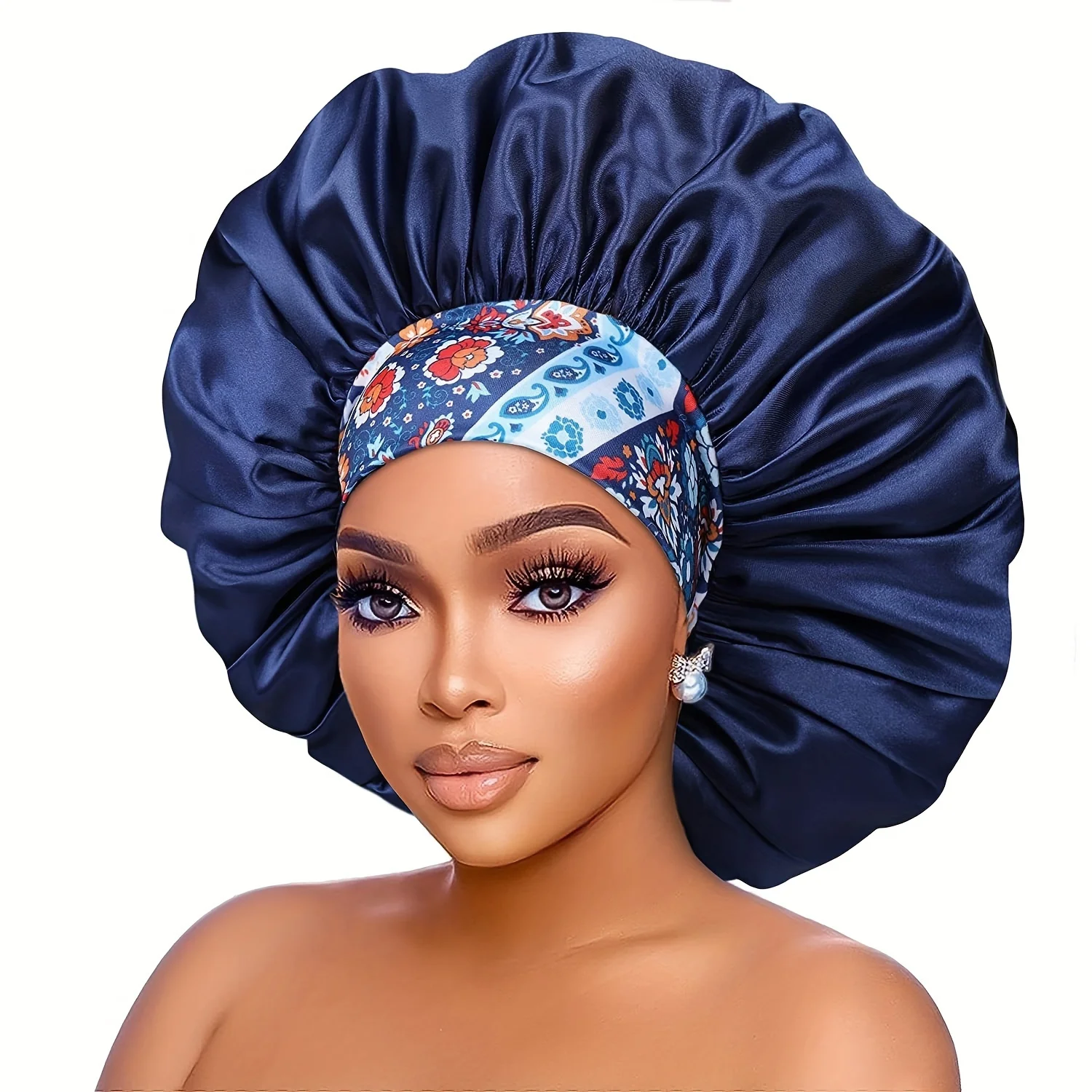 Modische Damen-Haarmütze mit Blumenmuster und breitem Rand, elastische Seide, glattes Satin-Gesicht für den täglichen Schlaf zu Hause