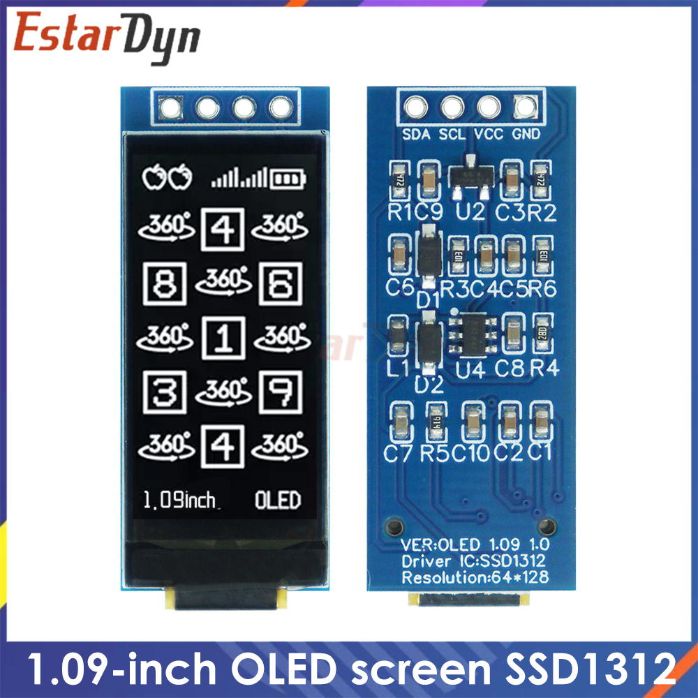 Módulo de pantalla OLED de 1,09 pulgadas 128x64 blanco SSD1312 I2C, interfaz de 4 pines para Arduino Raspberry Pi, vista amplia de baja potencia