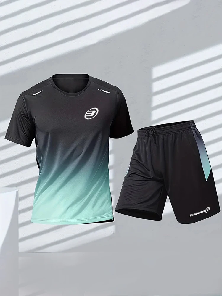 Bullpadel ผู้ชายกีฬาเสื้อยืดและกางเกงขาสั้นฤดูร้อนฟุตบอลการฝึกอบรมกีฬาแบดมินตันสั้นผู้ชายกีฬาเทนนิสแขนสั้นด้านบน
