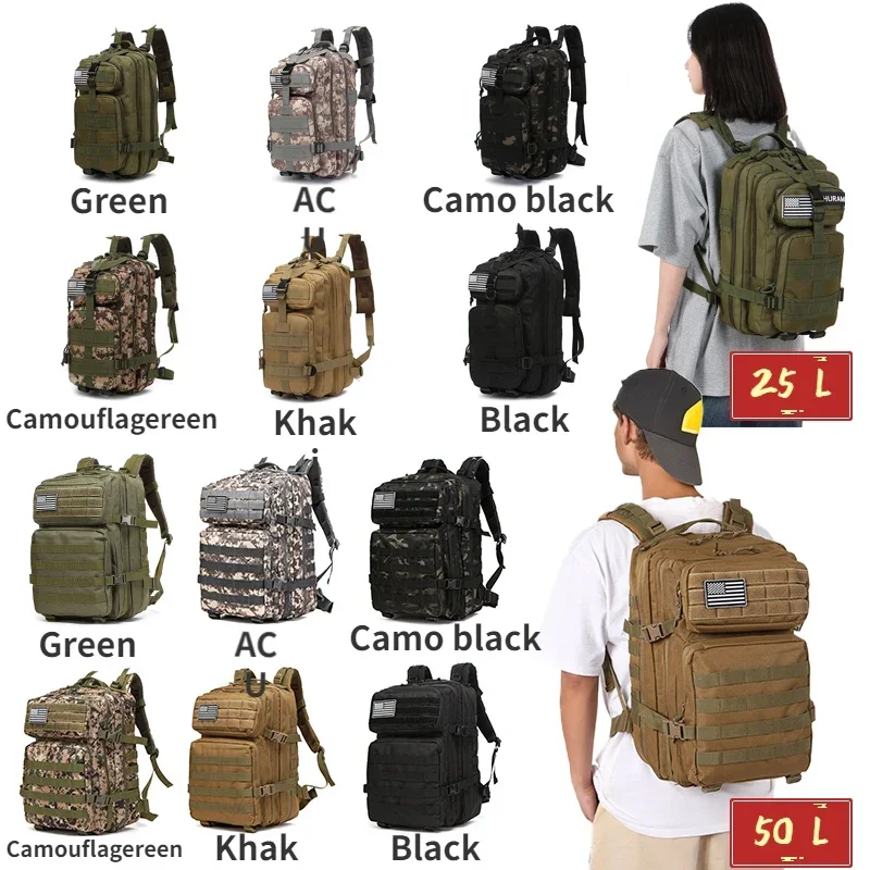 Mochila tática molle 25l/50l, bolsa ao ar livre para caminhadas, acampamento, trekking, caça, pesca, academia