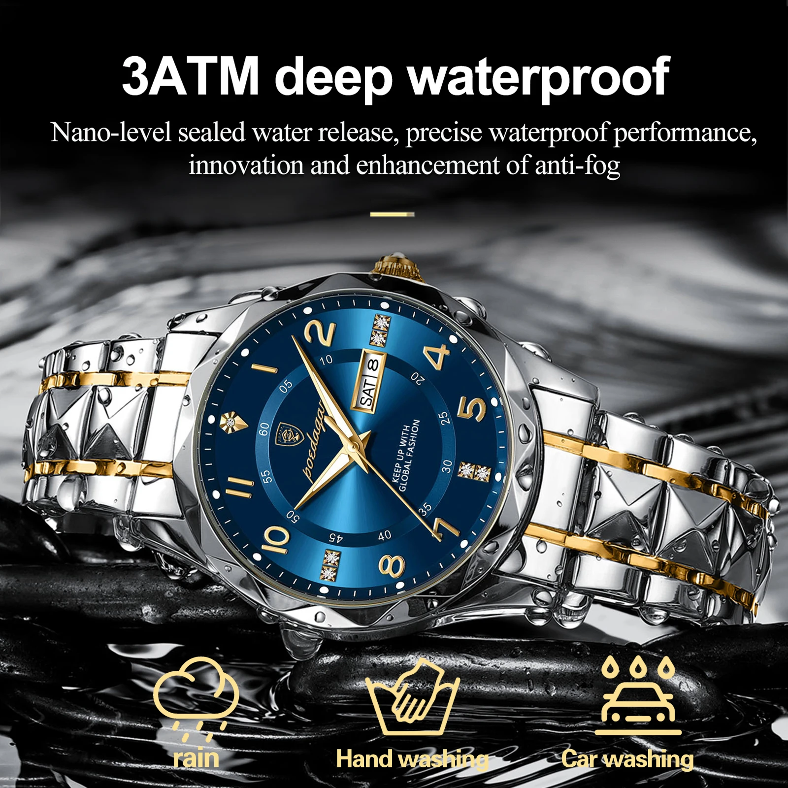 Reloj de pulsera POEDAGAR de lujo para hombre, resistente al agua, luminoso, con fecha y semana, reloj deportivo de cuarzo de acero inoxidable para hombre, reloj masculino + caja