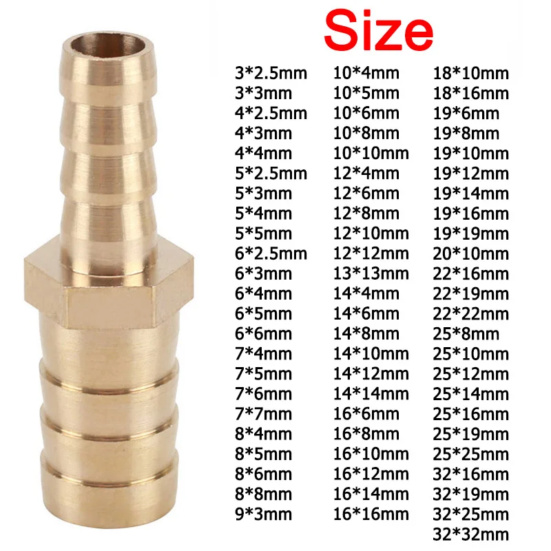 Reductor de instalación de tuberías de púas de 2 vías de latón de tamaño completo/conector recto equivalente por púas de manguera de Pagoda OD 2,5 3 4 5 6 8 10 12 14 16-32mm