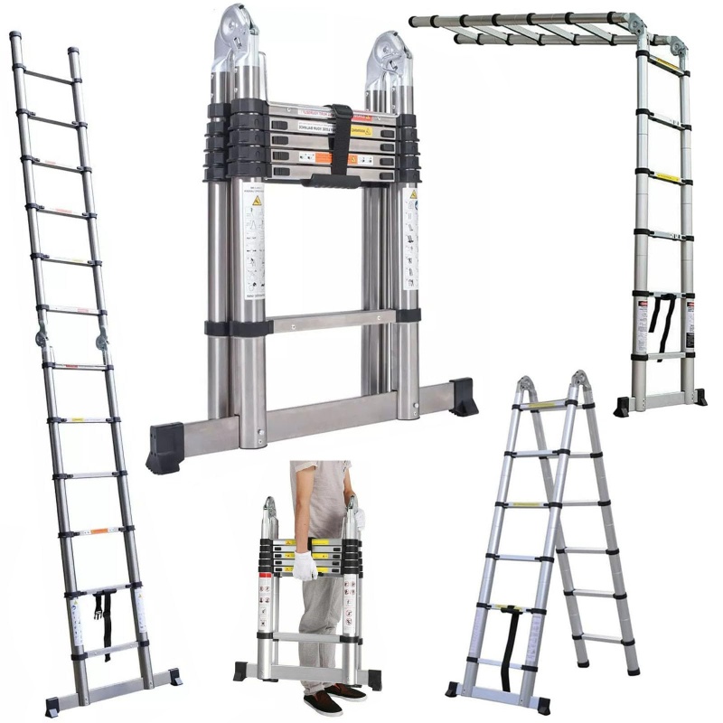 lucn Heavy Duty Steel Telescopic Ladder 3.8m/5m A-Frame, 150kg Load Anti-Slip Stable w/ Stabilizers for Attic Home Commercial