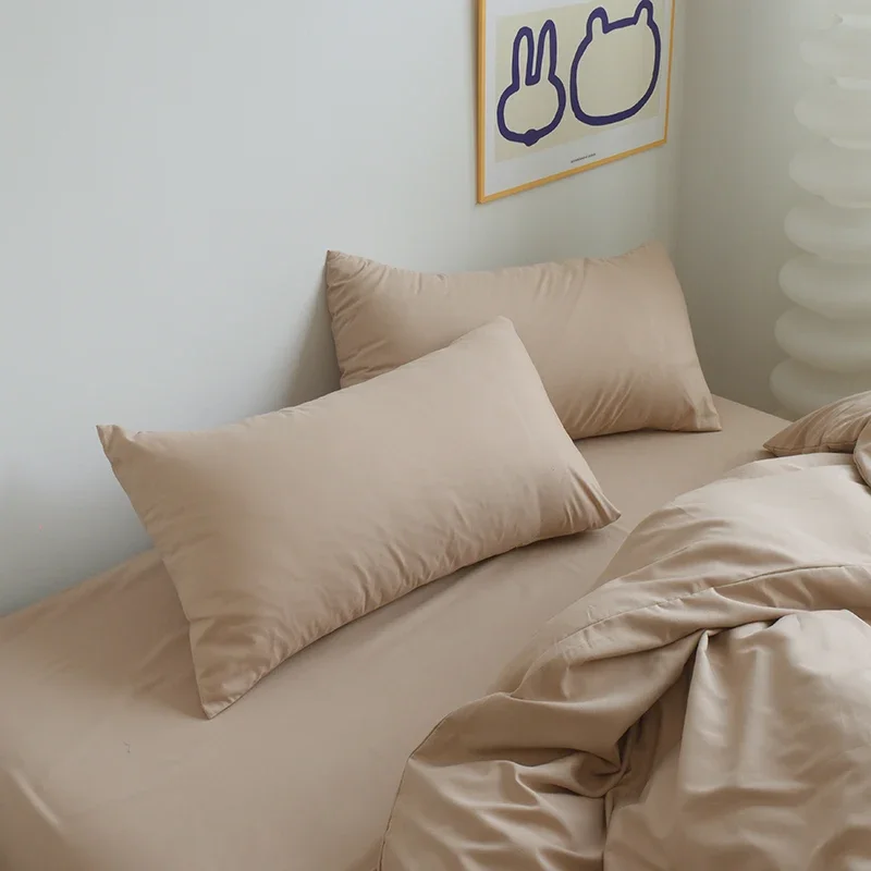 Set tempat tidur kain warna polos 4 buah selimut penutup sarung bantal Set tempat tidur seprai selimut penutup ukuran Single Queen King