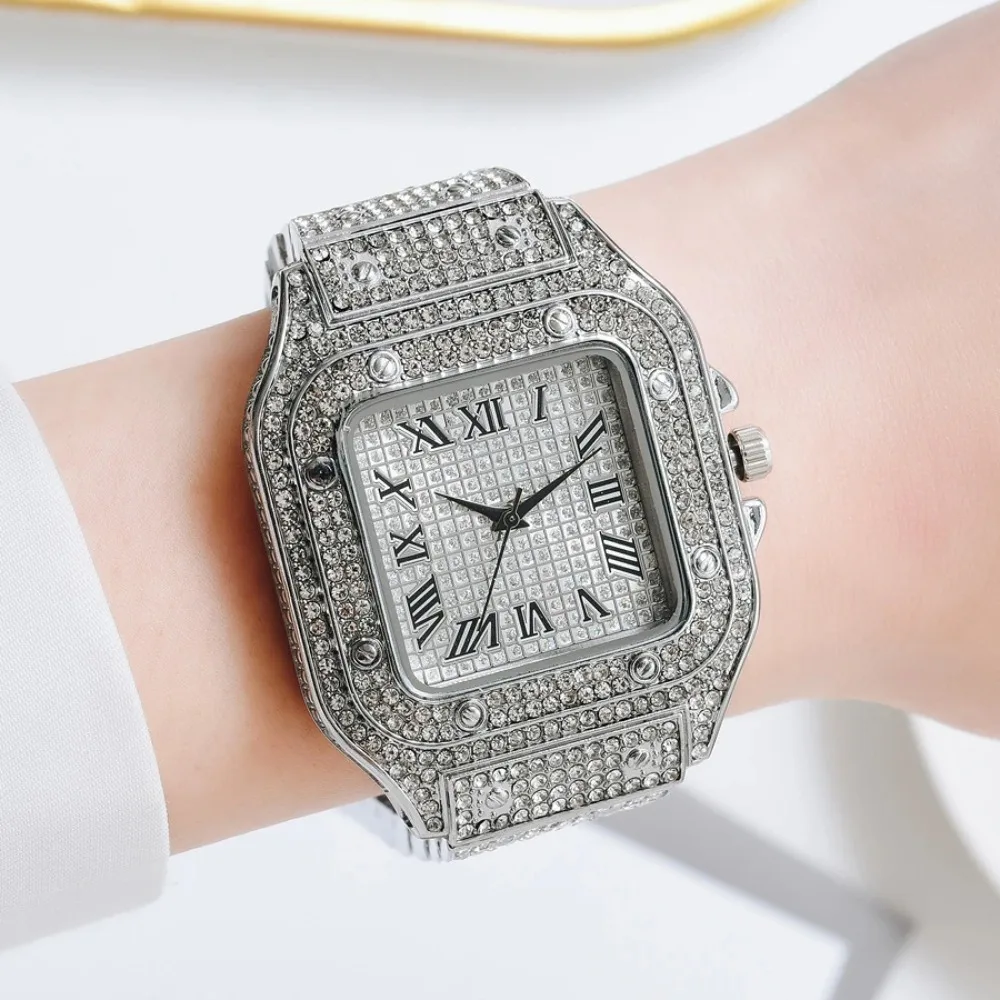 Reloj de pulsera de acero inoxidable con tachuelas de moissanita, reloj de diamantes Unisex, busto de Hip Hop hacia abajo, lujo Iced Out