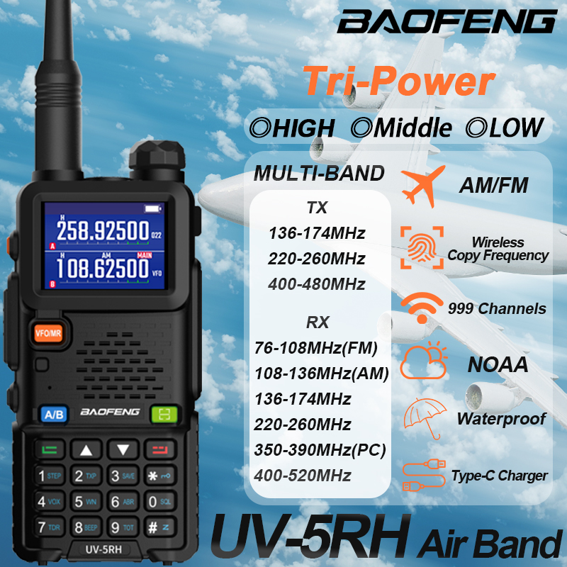 Baofeng UV-5RH Air Band Walkie Talkie Tri-Power Wirless Frequenza di copia AM FM Multi-Band NOAA Ricevitore a lungo raggio Radioamatore a 2 vie