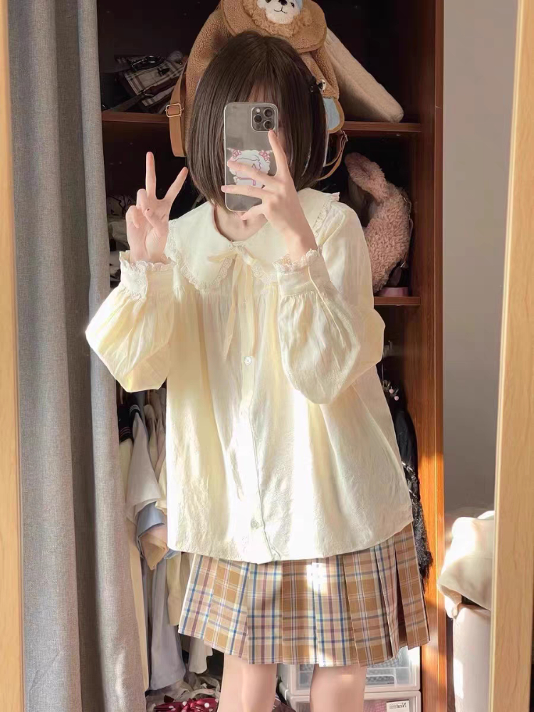 Camisa feminina peter pan colarinho all-match rendas sólido minimalista moda casual bonito confortável estilo japonês feminino novo outono