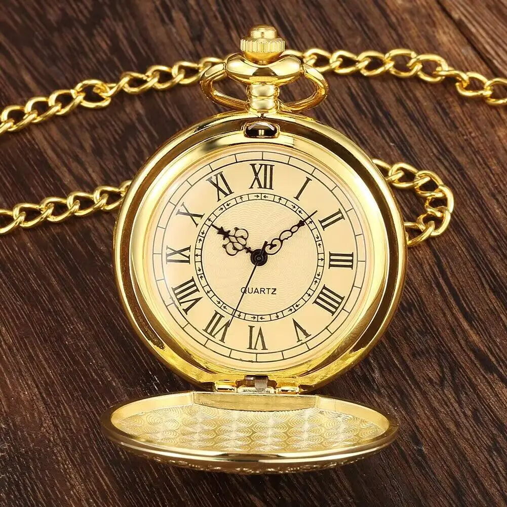 Reloj de bolsillo Vintage Steampunk con colgante de corona y escudo de ratán Floral tallado con cadena para regalo de hombre