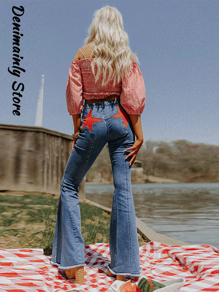 Fashion Star Patchwork Vrouw Wassen Jeans Slanke Lage Taille Ruwe Zelfkant Denim Flares Zomer Nieuwe High Street Y2k Vrouwelijke Broek
