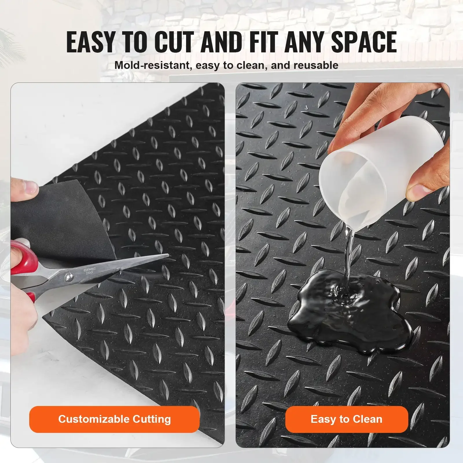 Diamond-Plate Rubber Flooring Roll, 3 mm x 4 ft x 15 ft Garage Floor Mat, SBR Rubber Garage Flooring Roll, Easy to Clean, Black