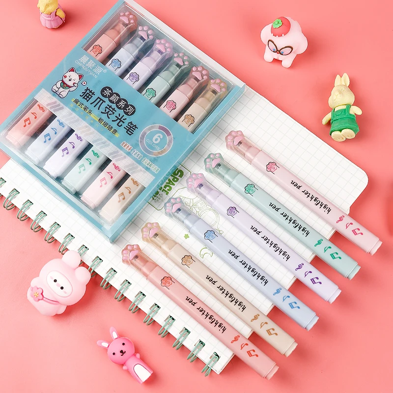 6 ชิ้น/แพ็ค Kawaii Cat Claw สีพาสเทล Highlighters Drawing Art Markers ปากกาเรืองแสงของขวัญเครื่องเขียนอุปกรณ์โรงเรียนน่ารัก