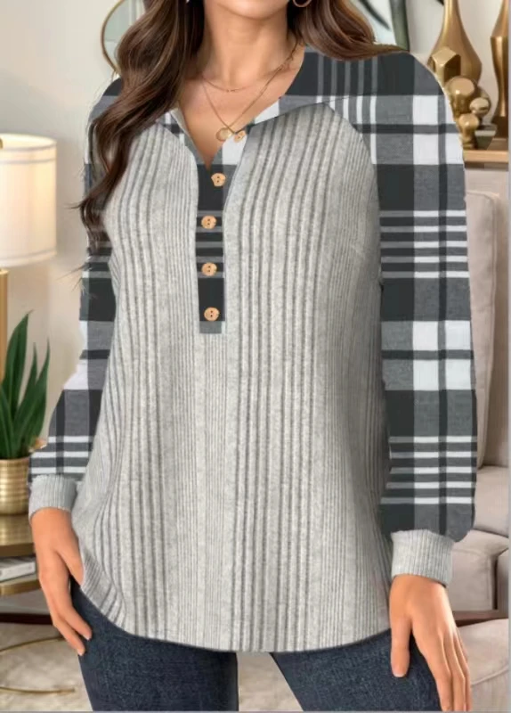 Plus-Size-Damen-Kapuzenpullover mit geknöpftem, gestreiftem Karomuster und Farbblock in verschiedenen Farben mit langen Ärmeln