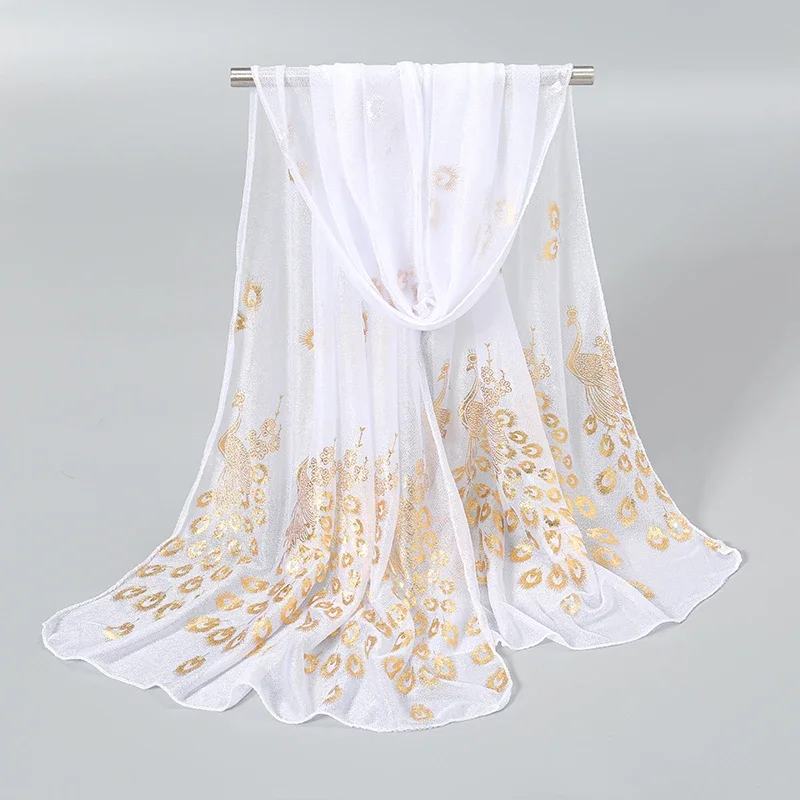 Feminino glitter fino silenciador cor sólida elegante hijab cachecol chiffon longo cachecóis ouro pavão impressão envoltório xale georgette cachecol