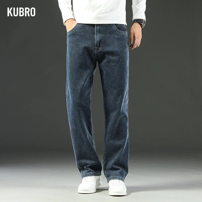 KUBRO 2025 nuevos pantalones vaqueros de otoño e invierno para hombres sueltos cómodos rectos de negocios Casual versátiles pantalones de negocios de pierna ancha