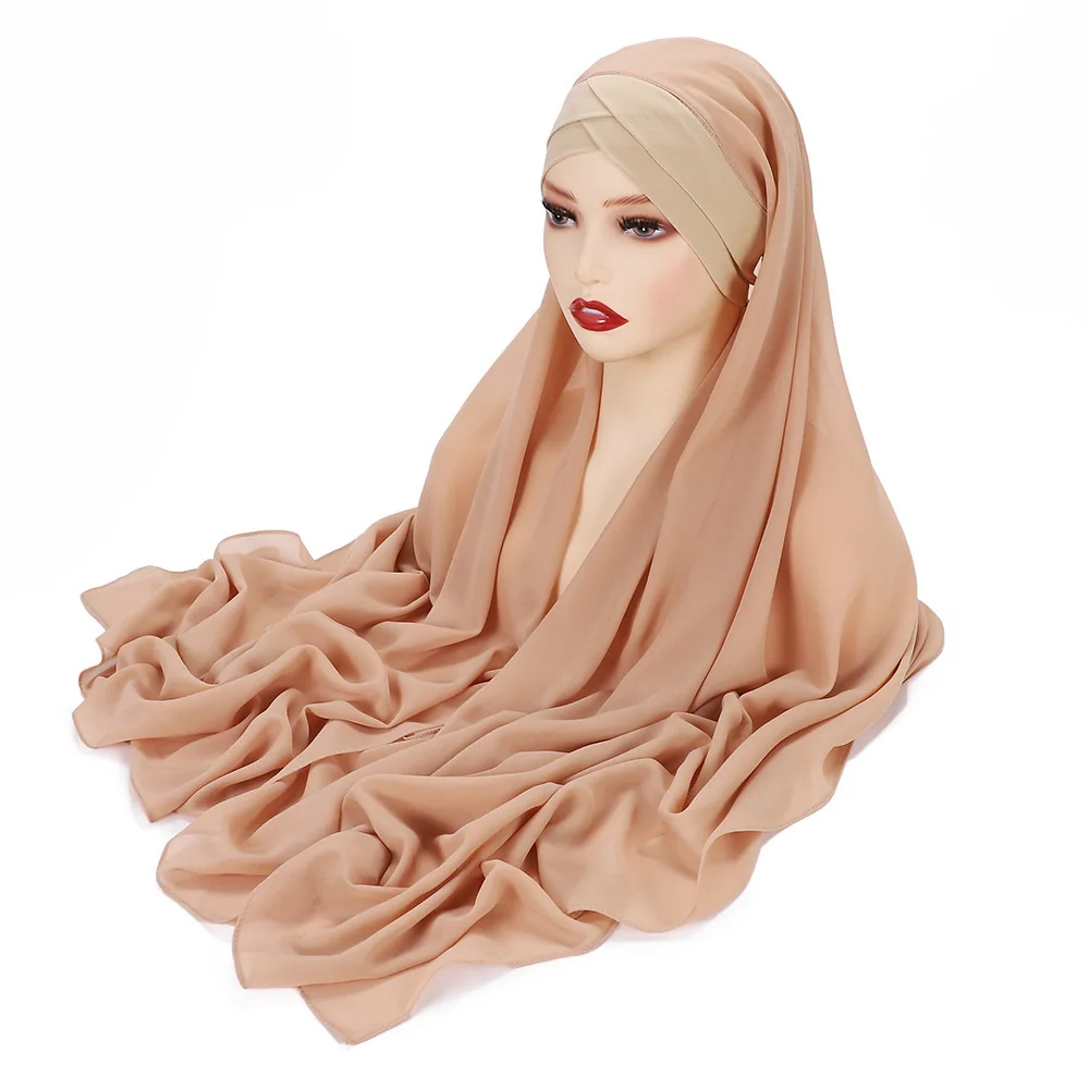 Hijabs instantâneos chiffon hijab cachecol com camisa cruzada bonés bonnet design da marca lenço muçulmano feminino underscarf islâmico 175x70cm