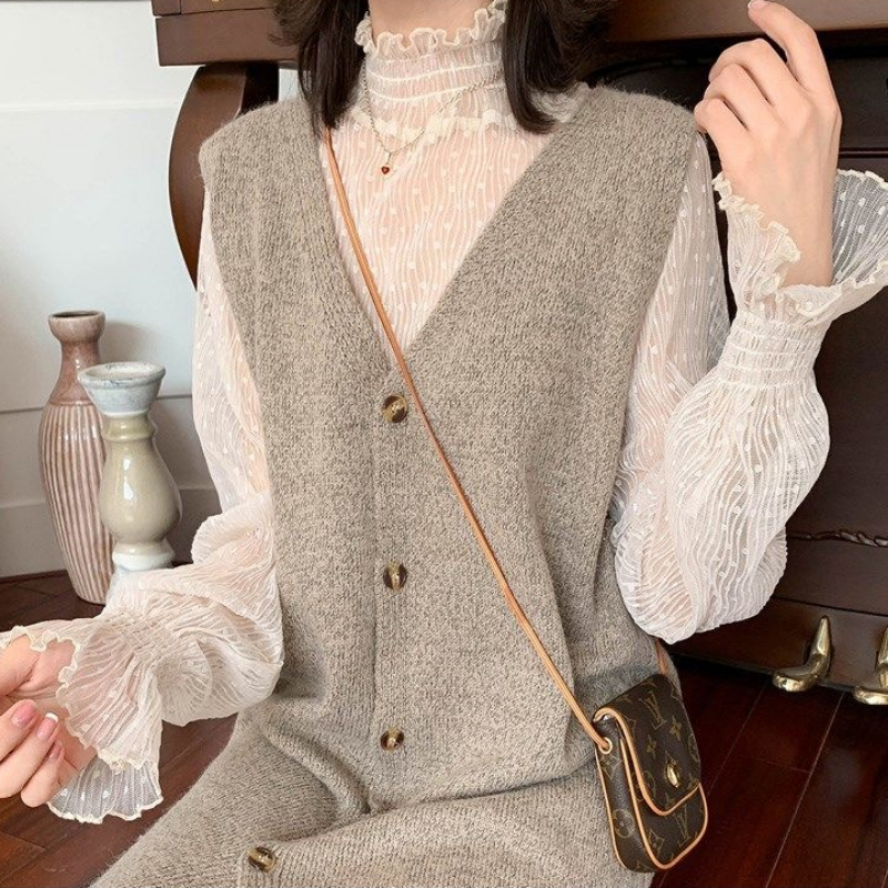 Bella Philosophy Damen-Bluse mit hohem Kragen, Mesh-Perspektive, Sommer, dünn, durchsichtig, schmaler Boden, Spitze, lange ausgestellte Ärmel