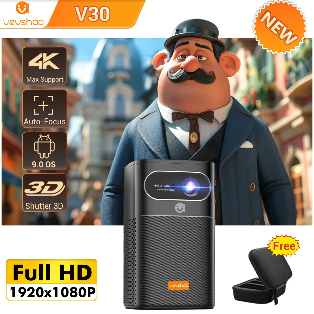 Vevshao V30 3D 4K Мини-проектор Кино Smart Android WiFi Портативный 1080P Домашний кинотеатр Видео Светодиодный DLP-проектор с аккумулятором