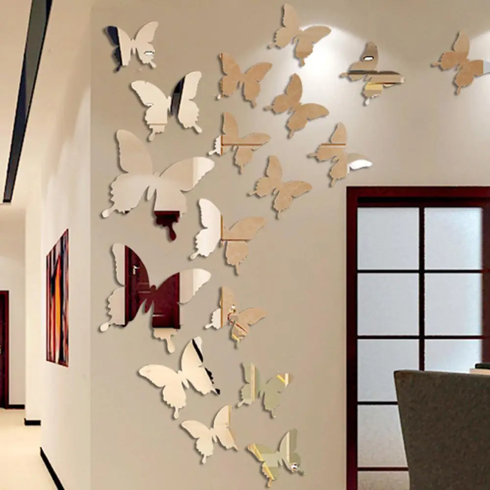 12 pz/lotto 3D farfalla specchio adesivo da parete decalcomania Wall Art rimovibile decorazione di nozze adesivo per la decorazione della camera dei bambini