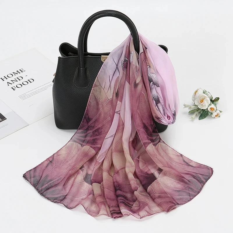 Lenço de chiffon com estampa de lótus, lenço de pescoço leve e elegante para mulheres, verão, proteção solar, lenço de seda, xale 150*50cm