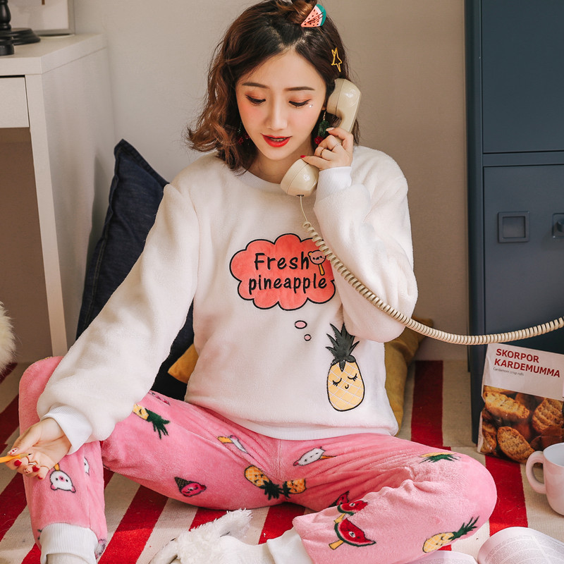 Manga comprida gato abacaxi estampa flanela pijama para senhoras, espessado quente, loungewear escolar, pijama de pescoço redondo, inverno