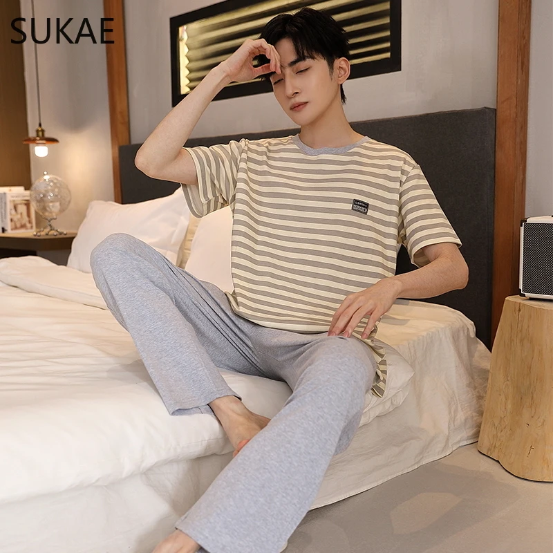 SUKAE ชาย Lougewear PLUS ขนาด L-5XL ฤดูร้อนผ้าฝ้ายชุดนอนสําหรับชายผู้ชาย Pj แขนสั้นเต็มกางเกงชุดนอนบุรุษชุด