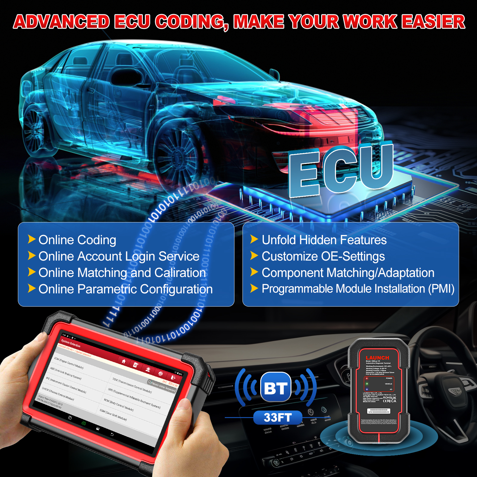 LAUNCH X431 CRP919E BT Outil de diagnostic de voiture Système complet 31+ Réinitialiser Codage de l'ECU Contrôle bidirectionnel CANFD DOIP FCA Analyseur OBD2 tools outils mecanique valise diagnostique automobile